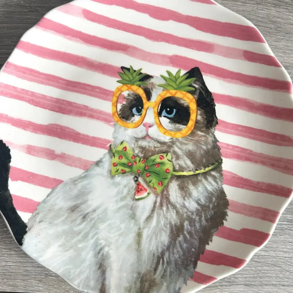 GRACE Fine Ceramic Whimsical Cats 8” Painted Ceramic Plates Set of 4 EUC